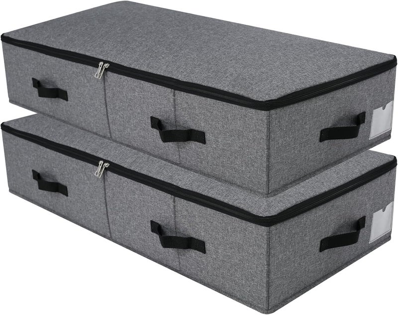 Omygarden Foldable Under Bed Storage Box with Plastic Support Liner, 6 Handles, Zipper Lid, Blankets Clothes Comforters Storage Bin Organizer for Bedroom and Closet, 90×42×18cm, Black Grey, 2PCS - Image 1