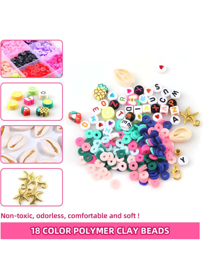 age Included 1. 18 Colors Polymer Clay Beads, Each color about 200 pcs, totally about 3600 pcs 2. 6 Colors 300 Pcs Letter Beads(Randomly) 3. 5 Shells Pendants 4. 5 Starfish Pendant 5. 25 Lobster Clasps 6. 50 Square Golden Beads 7. 50 Binder 8. 50 Rings 9. 1Pc Scissors 10. 20 Fruit Beads 11. 4 Rolls of Elastic Cords (Crystal x1, Black x1, Blue x1, Pink x1) 12. 2 Beaded Needles - Image 3