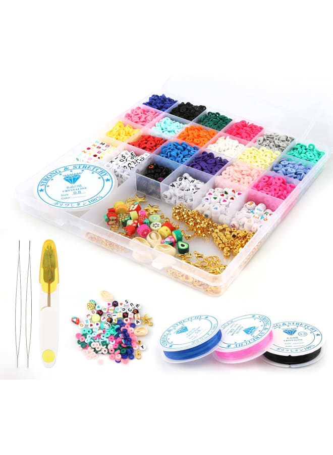 age Included 1. 18 Colors Polymer Clay Beads, Each color about 200 pcs, totally about 3600 pcs 2. 6 Colors 300 Pcs Letter Beads(Randomly) 3. 5 Shells Pendants 4. 5 Starfish Pendant 5. 25 Lobster Clasps 6. 50 Square Golden Beads 7. 50 Binder 8. 50 Rings 9. 1Pc Scissors 10. 20 Fruit Beads 11. 4 Rolls of Elastic Cords (Crystal x1, Black x1, Blue x1, Pink x1) 12. 2 Beaded Needles - Image 1