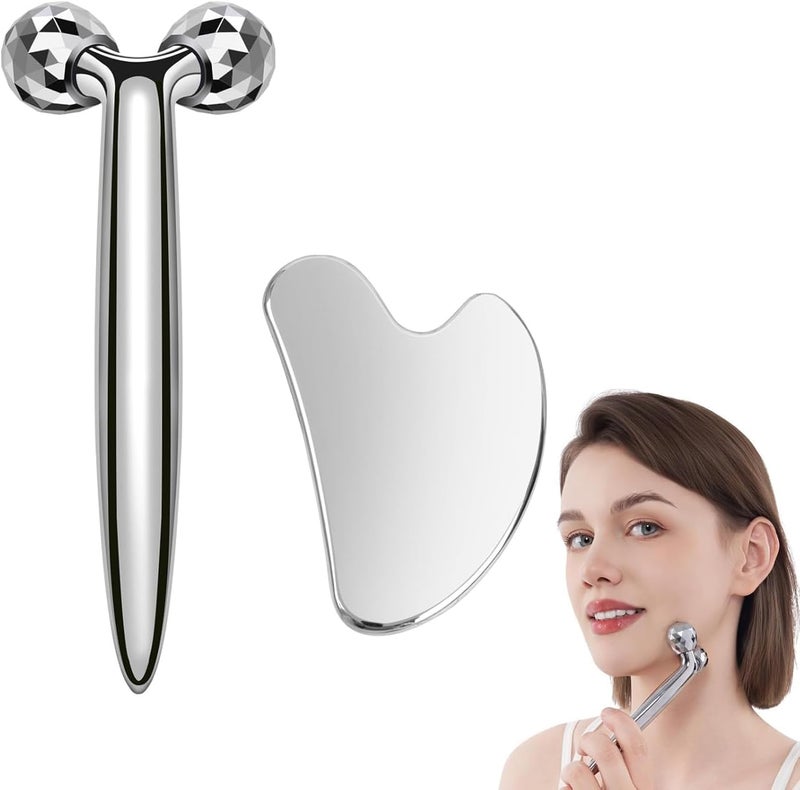 InfiniteRelax 3D Gua Sha Facial Tools Metal Face Roller Stainless Steel Gua Sha Set Cooling Massage Tools for Reduce Puffiness, Firm Skin, Anti-Aging Care - Daily Facial Sculpting Gift for Women - Image 1