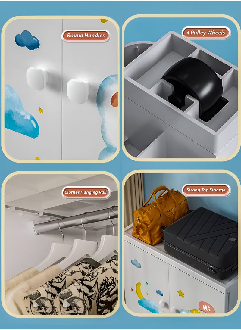 Toshionics Kids Wardrobe Closet Organizer with Hanging Rod and 3 Drawers Foldable Portable Baby Dresser Storage Cabinet Plastic Children Clothes Armoire Waterproof Toddler Closet Organizer with Cartoon Character Design for Home Nursery Bedroom Playroom  - Image 2