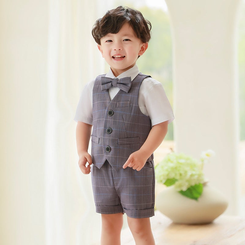 Boys Summer Suit Vest Set Birthday Wedding Pageant Lilac purple lattice vest set (vest + shirt + shorts + bow tie)