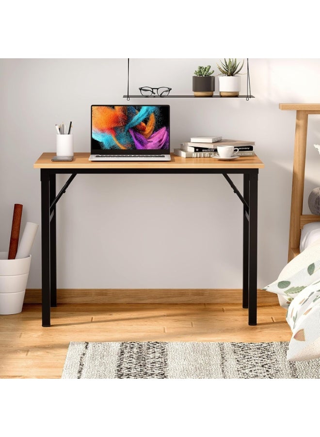 Need Folding Desk for Home Office 39-3/8'' Length Modern Folding Table Computer Desk No Install Needed Teak Color Desktop Black - Image 2