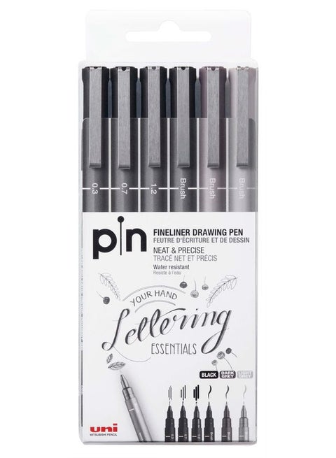 Uni Pin FineLiner Drawing Pen Lettering Essentials pack of (6) 0.3mm,0.7mm,1.2mm,Black Brush, DGY Brush,LGY Brush