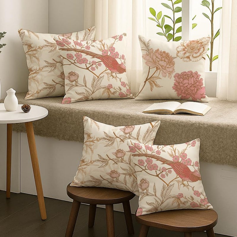 Brick Home Set of 5 Polycotton Printed Cushion Covers 18x18 Inches | Floral & Bird Design | Pastel Blush Pink, Beige & Off-White | Soft Fabric Decorative Pillow Covers for Sofa, Couch & Living Room - Image 2