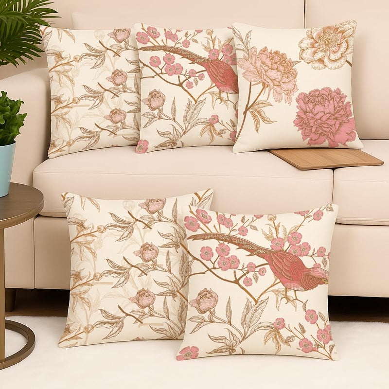 Brick Home Set of 5 Polycotton Printed Cushion Covers 18x18 Inches | Floral & Bird Design | Pastel Blush Pink, Beige & Off-White | Soft Fabric Decorative Pillow Covers for Sofa, Couch & Living Room - Image 1