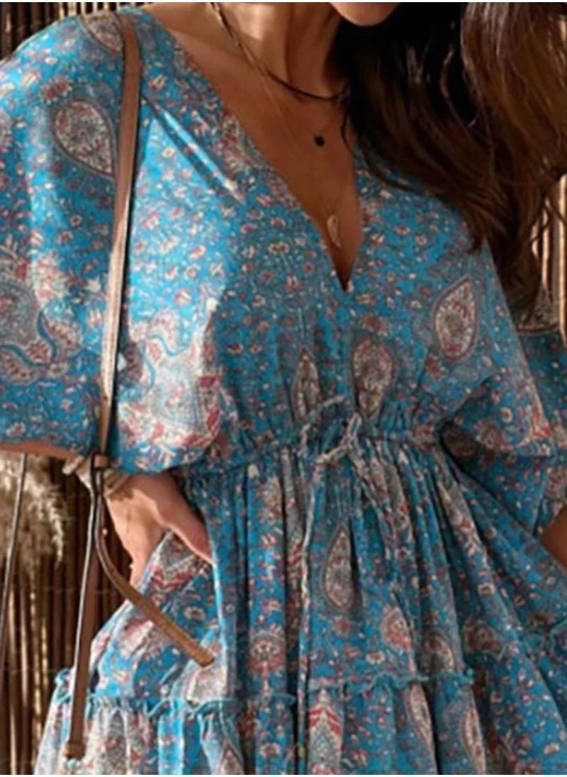 يونيكي Blue Floral Print Fit  Flare Dress