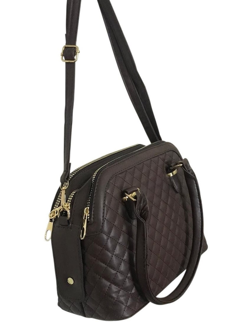 Women’s Large Hand & Crossbody Bag with 3 Zippers – Brown - Image 1