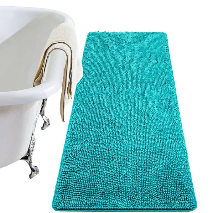 LUXURY BATHROOM RUG SHAGGY BATH MAT 24 X 70 INCH WASHABLE NON SLIP BATH RUGS FOR BATHROOM SHOWER SOFT PLUSH CHENILLE ABSORBENT CARPETS MATS TEAL BLUE