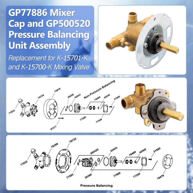 TycoonWon غطاء الخلاط Gp77886 ومجموعة وحدة موازنة الضغط Gp500520 المتوافقة مع صمام خلط Kohler K-15701-K وK-15700-K - Image 2
