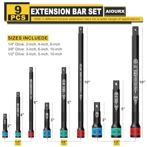 Aiourx Impact Extension Bar Set, 1/4" 3/8" 1/2" Drive Socket Extension, Cr-V Steel, Bicycle Maintenance and Car Repairs in Narrow and Deep Areas, 9 Pieces - Image 2
