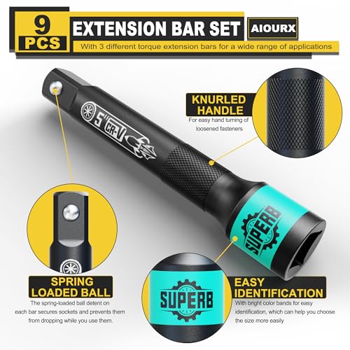 Aiourx Impact Extension Bar Set, 1/4" 3/8" 1/2" Drive Socket Extension, Cr-V Steel, Bicycle Maintenance and Car Repairs in Narrow and Deep Areas, 9 Pieces - Image 3
