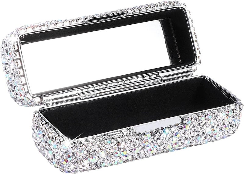 CALIDAKA Crystal Lipstick Case Holder Shiny Rhinestone Lipstick Organizer with Mirror Portable Bling Diamonds Lipstick Storage Holder Lip Gloss Makeup Storage Bag
