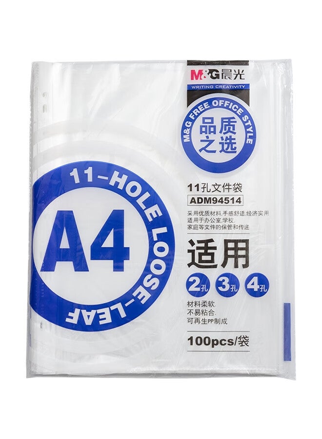 M.G Chenguang (M&G) Stationery A4/11-Hole Transparent Document Folder File Folder Loose-Leaf Refill File Sleeve Office Document Protector (Compatible With Quick-Clip) 100 Pages/Pocket Adm94514-Dz - Image 1