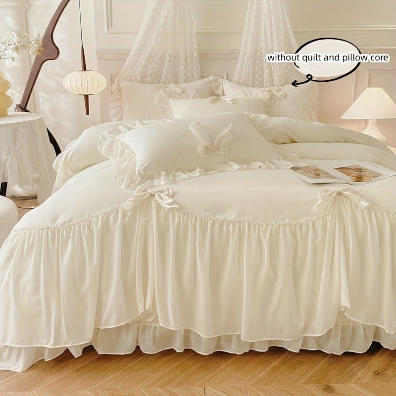 Korean Princess Style Bow Lace Trim Bedding 3pcs Set Including Duvet Cover And Pillowcases (Filling Not Included) - Image 3