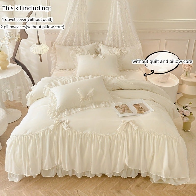 Korean Princess Style Bow Lace Trim Bedding 3pcs Set Including Duvet Cover And Pillowcases (Filling Not Included) - Image 1