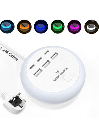 Multi Port USB Charger With Night Light | 6 USB Charging Station With 8 Color LED Lamp | Bedside USB Charger For Phone Tablet Watch | Safe Fast Charging Desk Charger