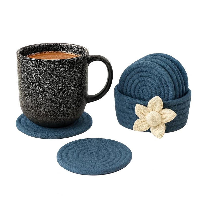 AURKA Handmade Cotton Coaster Set of 6 with Holder (Beige, 10 cm)|Round Braided Drink Mats for Hot & Cold Beverages|Eco-Friendly Absorbent Table Protectors|Decorative Tea, Coffee & Dining Coasters - Image 1