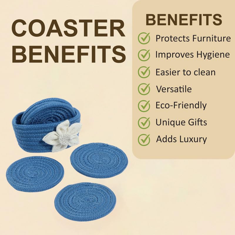 AURKA Handmade Cotton Coaster Set of 6 with Holder (Beige, 10 cm)|Round Braided Drink Mats for Hot & Cold Beverages|Eco-Friendly Absorbent Table Protectors|Decorative Tea, Coffee & Dining Coasters - Image 5