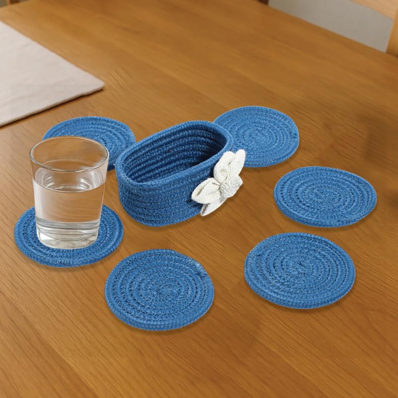 AURKA Handmade Cotton Coaster Set of 6 with Holder (Beige, 10 cm)|Round Braided Drink Mats for Hot & Cold Beverages|Eco-Friendly Absorbent Table Protectors|Decorative Tea, Coffee & Dining Coasters - Image 2