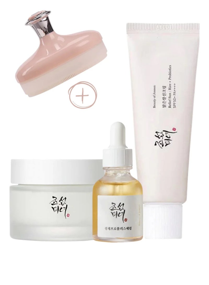 Glow & Facial Scrub Set - Radiance-Boosting Glow Serum with Propolis & Niacinamide, Luxury Dynasty Cream, and Sunscreen SPF50+ PA++++