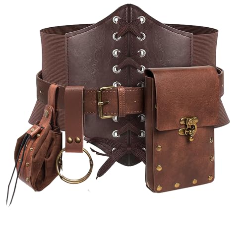 KOTORA Renaissance Costume Sets Corset Waistband Belt Pouch Purse Alight Potion Bottle Skirt Hike Steampunk Medieval Halloween (2Pouch-Brown, S/Waist 25.6"-34") - Image 1