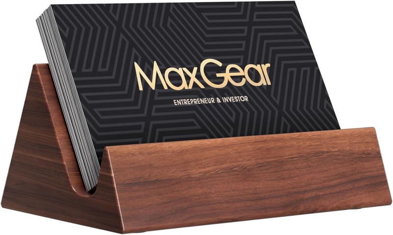 MaxGear Walnut Wood Desk Business Card Holder, Elegant Wooden Display Stand for Office and Home, Stylish Mountain Design Desktop Organizer for Business Cards - Image 1