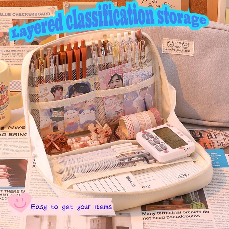 Fcteap Pencil Case Pouch Box Cute Kawaii Large Capacity Aesthetic Zipper Pen Holder Organizer Bag for Office Workspace Supplies Desk Accessories Travel (Off-White) - Image 4