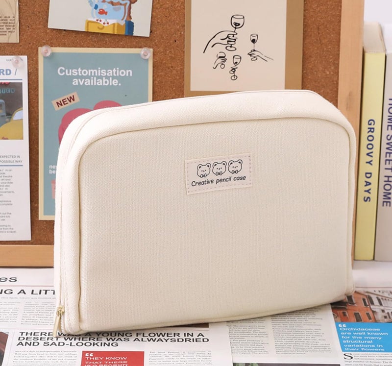 Fcteap Pencil Case Pouch Box Cute Kawaii Large Capacity Aesthetic Zipper Pen Holder Organizer Bag for Office Workspace Supplies Desk Accessories Travel (Off-White) - Image 2