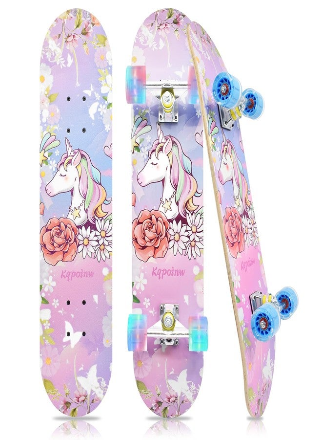 Kqpoinw Standard Skateboards with Colorful Flashing Wheels for Beginners, Kids,Teens, 7 Layer Maple Complete Skateboard for Girls Boys, 31" x 7.8" Double Kick Concave Kids skateboard with Skate T-Tool - Image 1