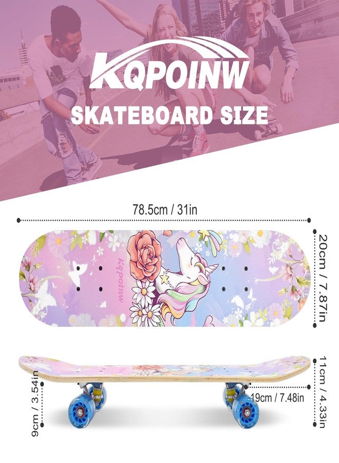 Kqpoinw Standard Skateboards with Colorful Flashing Wheels for Beginners, Kids,Teens, 7 Layer Maple Complete Skateboard for Girls Boys, 31" x 7.8" Double Kick Concave Kids skateboard with Skate T-Tool - Image 2
