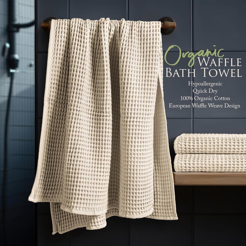 Softerry European Waffle Weave Bath Towel Set  100 Organic Cotton  Quick Dry Lint Free Thin and Absorbent  Fade Resistant  EcoFriendly Set of 2 Bath Natural - Image 2