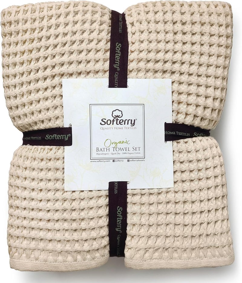 Softerry European Waffle Weave Bath Towel Set  100 Organic Cotton  Quick Dry Lint Free Thin and Absorbent  Fade Resistant  EcoFriendly Set of 2 Bath Natural - Image 5