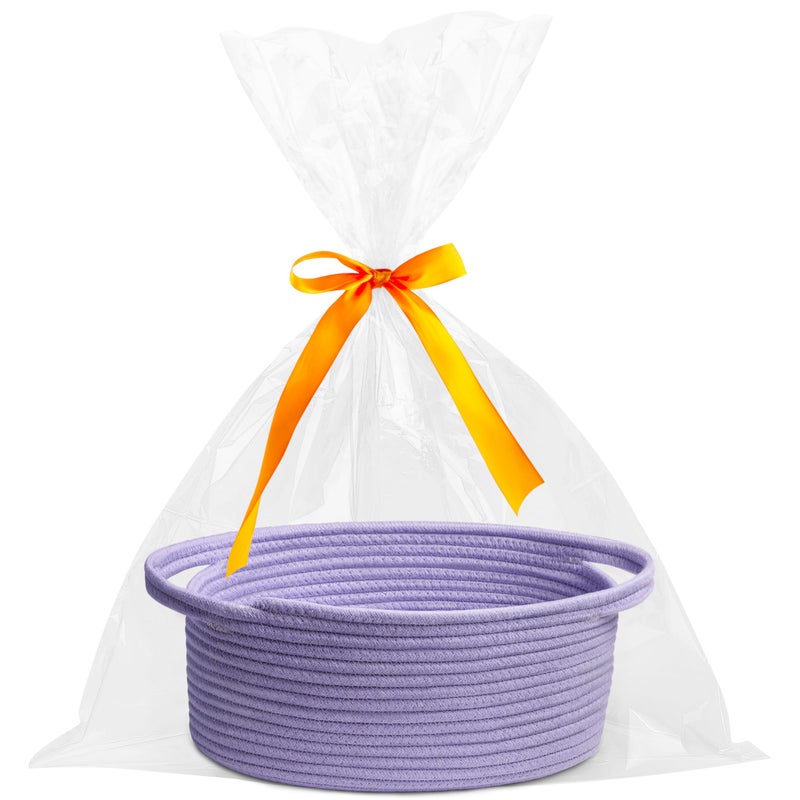 Pro Goleem Small Woven Basket with Gift Bags and Ribbons Durable Baskets for Gifts Empty Small Rope Basket for Storage 12"X 8" X 5" Baby Toy Basket with Handles, purple - Image 1