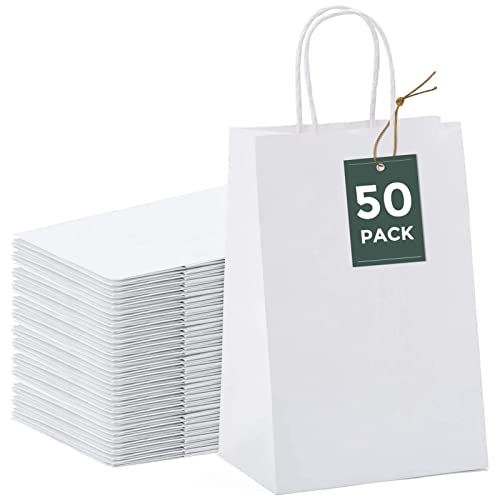 GSSUSA 50 Pcs White Kraft Paper Bags 5.25x3.75x8, Small Paper Bags with Handles for Shopping, Gift, Merchandise, Retail, Party Favor, Wedding, Gift, Bags for Small Business, Boutique - Image 1