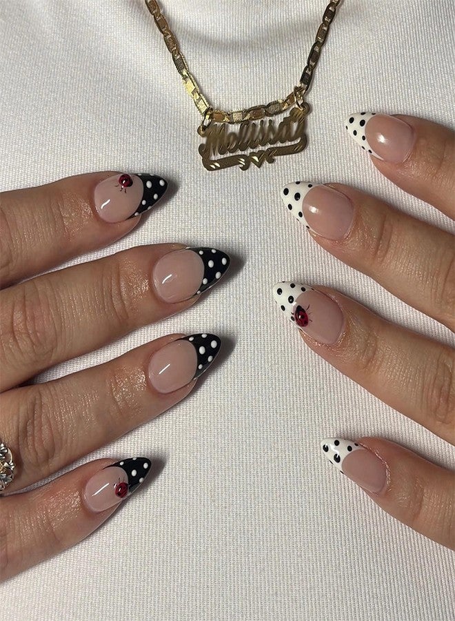 MISUD Press on Nails - Medium Almond Fake Nails with Black White Polka Dot, Acrylic Ladybug Design 24 pcs - Image 1