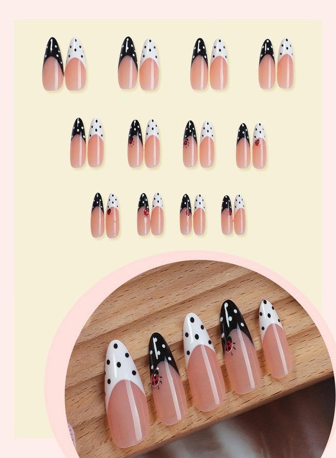 MISUD Press on Nails - Medium Almond Fake Nails with Black White Polka Dot, Acrylic Ladybug Design 24 pcs - Image 4