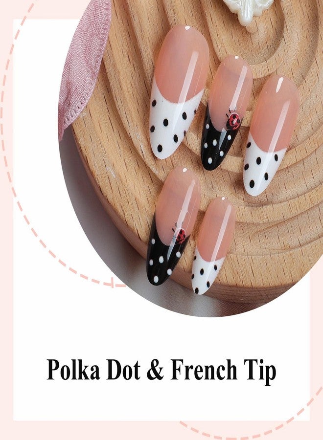 MISUD Press on Nails - Medium Almond Fake Nails with Black White Polka Dot, Acrylic Ladybug Design 24 pcs - Image 3