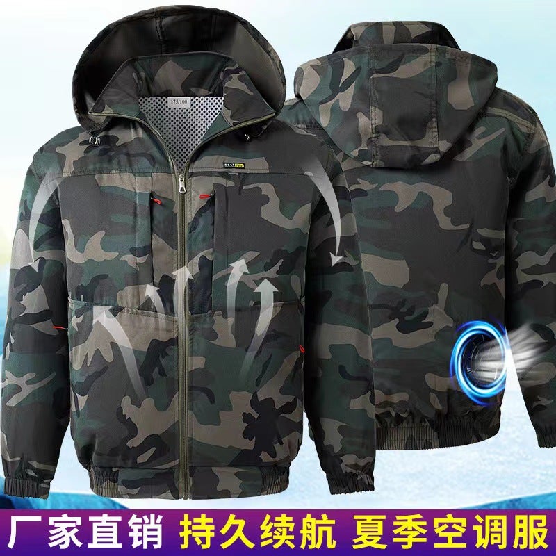 Summer Labor Suit Cooling Air-conditioning Suit Hooded Mens Overalls Camouflage Suit with Fan Work-site Overalls Outdoor Green forest [hooded] air-conditioned clothes are just clothes 