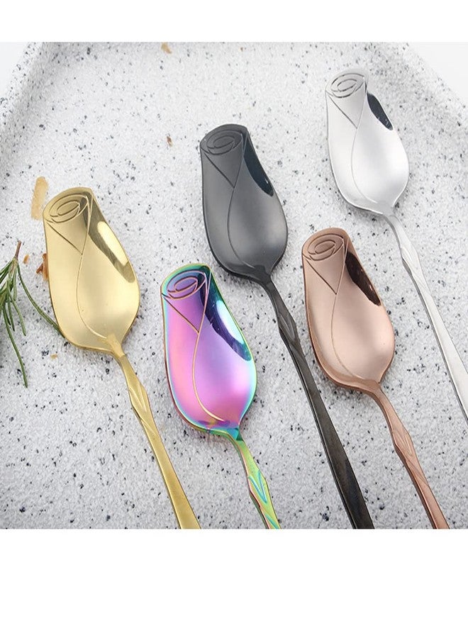JYYHSF Stainless Steel Spoon Set - 5 Pack, Rose Flower & Dessert Spoons, Cute (Colorful) - Image 3