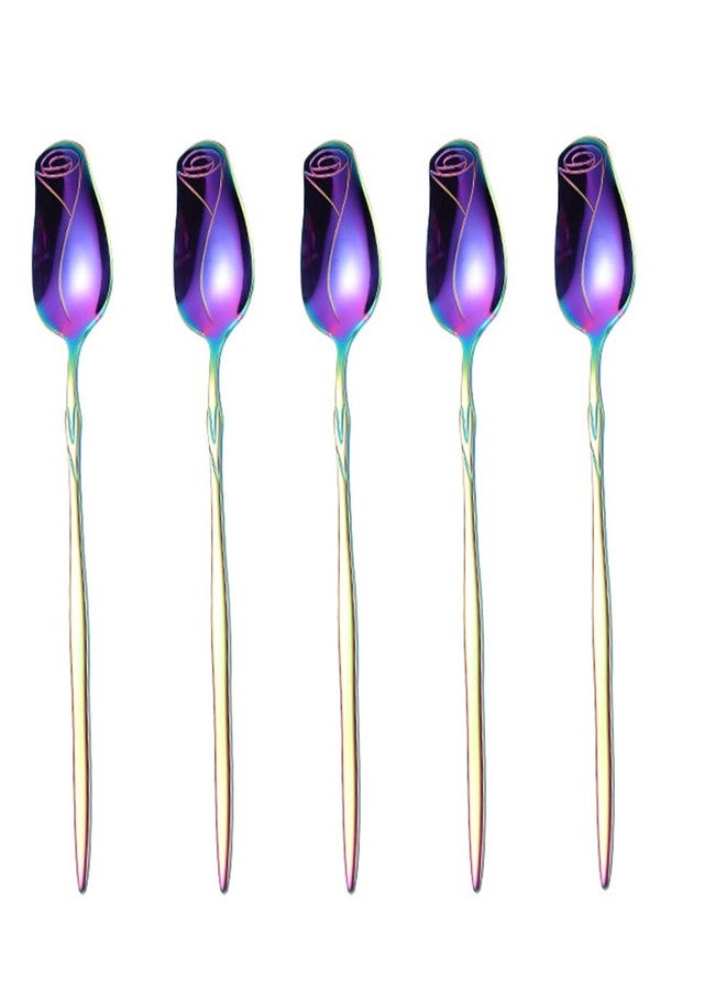 JYYHSF Stainless Steel Spoon Set - 5 Pack, Rose Flower & Dessert Spoons, Cute (Colorful) - Image 1