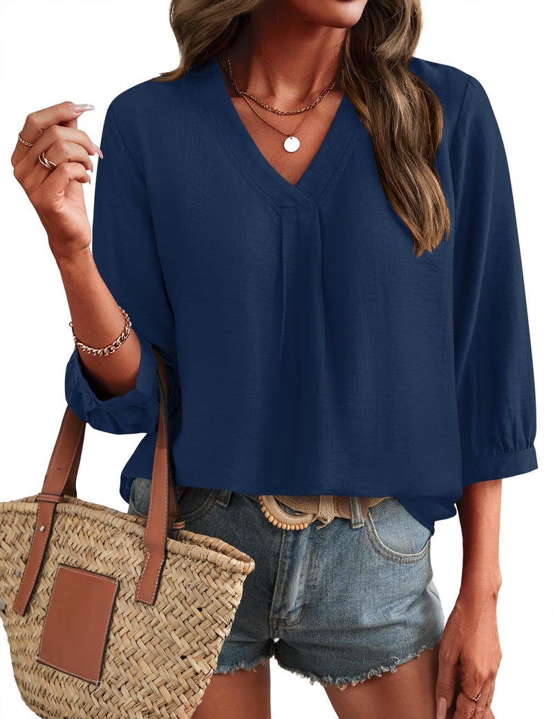 Lomon Womens Boho Tops 3/4 Length Sleeve Office Shirts for Women Dressy Summer Spring Top Loose Fitting Hippie Blouse Navy Blue - Image 1