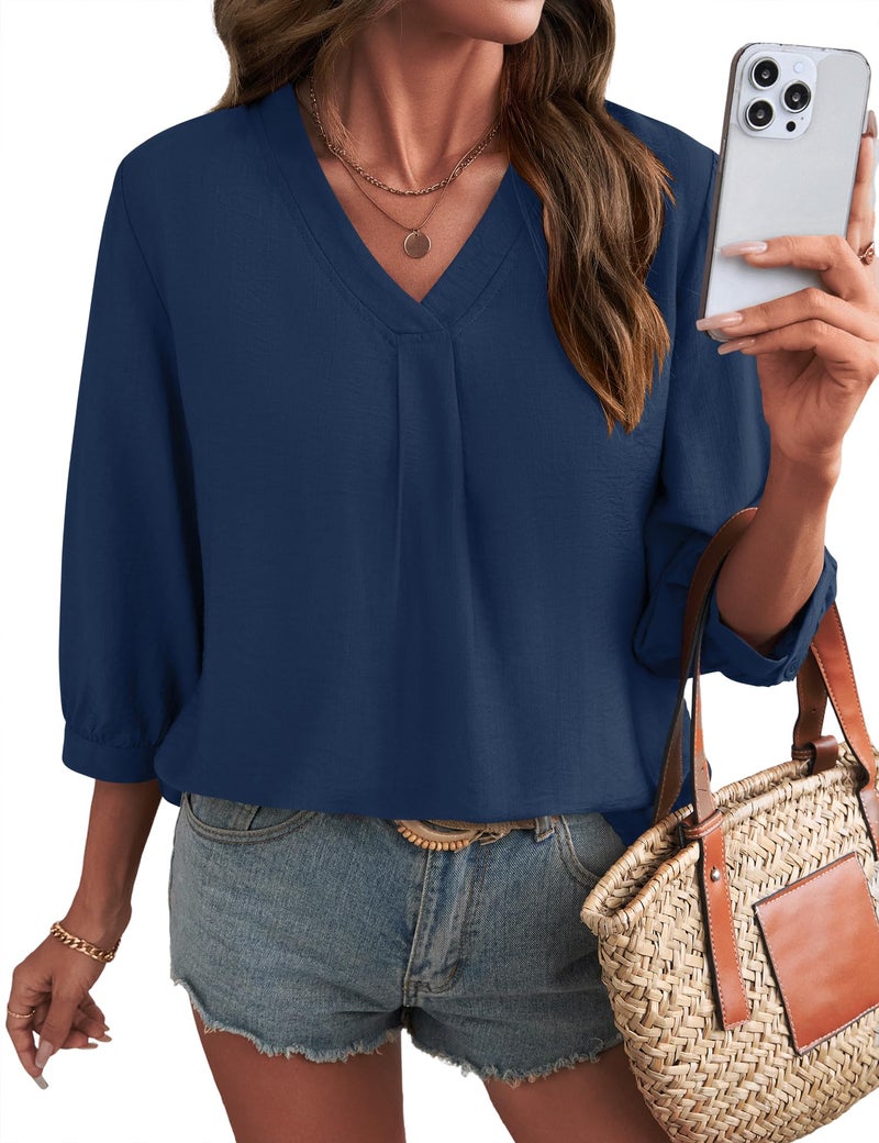 Lomon Womens Boho Tops 3/4 Length Sleeve Office Shirts for Women Dressy Summer Spring Top Loose Fitting Hippie Blouse Navy Blue - Image 2