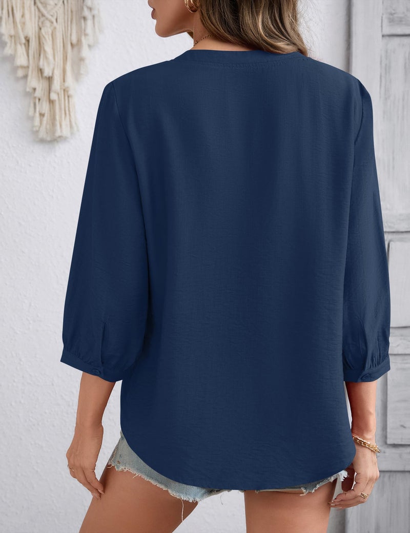 Lomon Womens Boho Tops 3/4 Length Sleeve Office Shirts for Women Dressy Summer Spring Top Loose Fitting Hippie Blouse Navy Blue - Image 5
