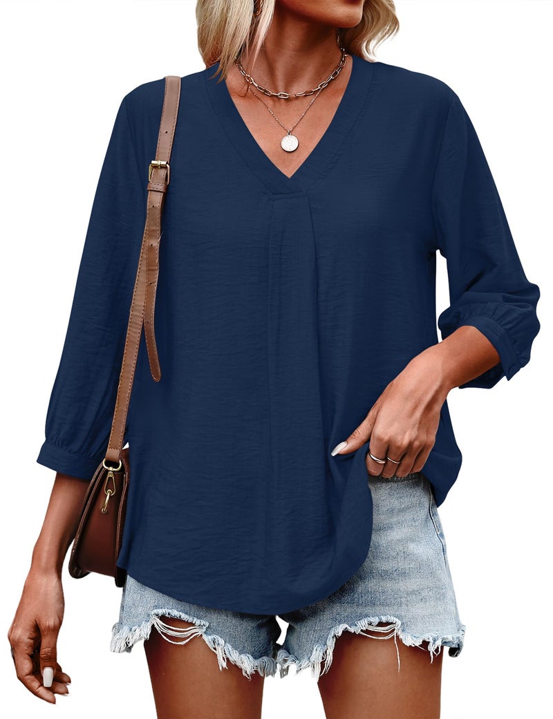 Lomon Womens Boho Tops 3/4 Length Sleeve Office Shirts for Women Dressy Summer Spring Top Loose Fitting Hippie Blouse Navy Blue - Image 4
