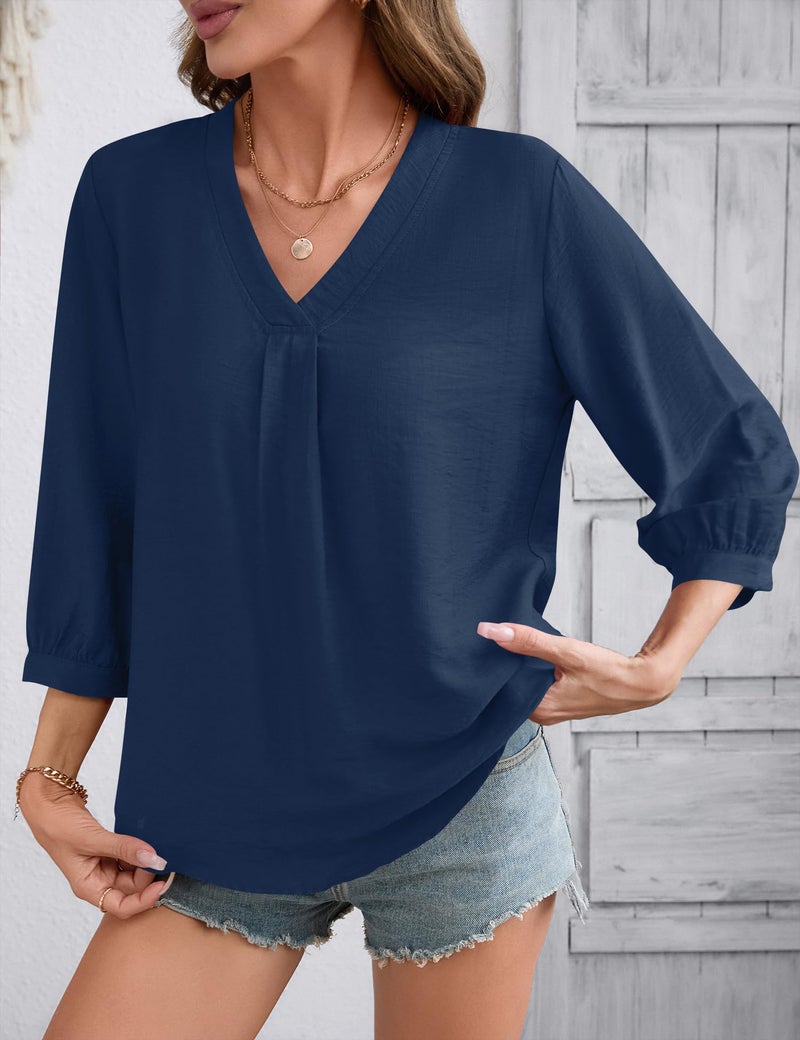 Lomon Womens Boho Tops 3/4 Length Sleeve Office Shirts for Women Dressy Summer Spring Top Loose Fitting Hippie Blouse Navy Blue - Image 3