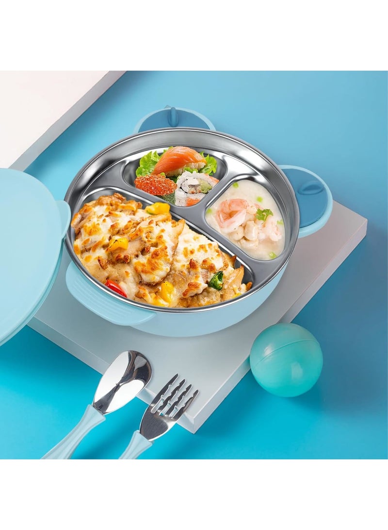 SOLARAE Stainless Steel Baby Feeding Bowl, Kids Plates, Toddler Suction Plate With Lid, Spoon and Fork - Perfect for Children, Blue - Image 2