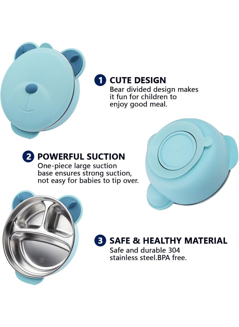 SOLARAE Stainless Steel Baby Feeding Bowl, Kids Plates, Toddler Suction Plate With Lid, Spoon and Fork - Perfect for Children, Blue - Image 4