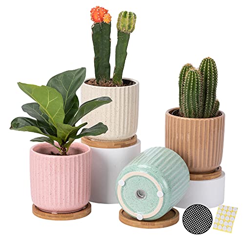 OMAYKEY 4 Inch Ceramic Plant Pot with Saucer, Creative Stripe Grey-Green Small Planters Pots with Drainage Hole and Mesh Pads for Succulent, Cactus, Herbs - Set of 4 - Image 1