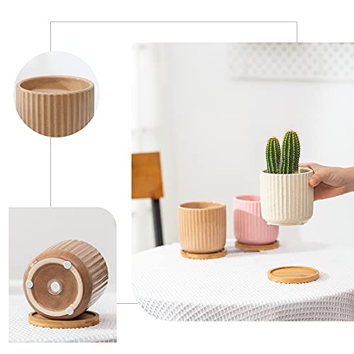 OMAYKEY 4 Inch Ceramic Plant Pot with Saucer, Creative Stripe Grey-Green Small Planters Pots with Drainage Hole and Mesh Pads for Succulent, Cactus, Herbs - Set of 4 - Image 2